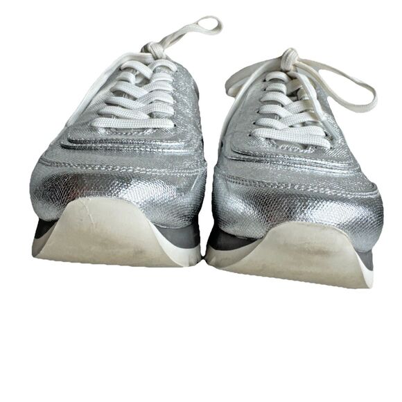 Tory Burch Sawtooth Logo Sneaker Size 7.5 Metallic Canvas Napa Leather Silver - Picture 7 of 12